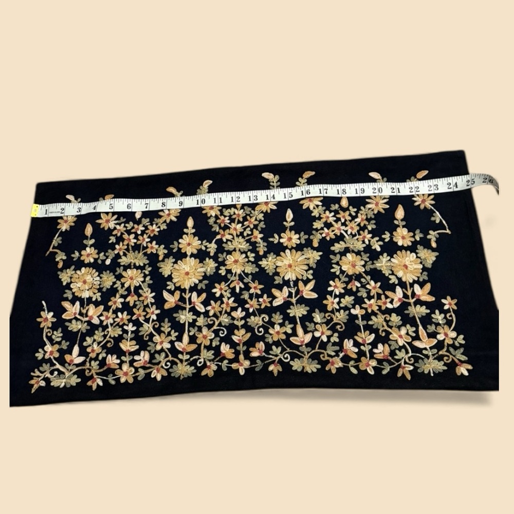 Wool Floral Embroidered Lumbar Pillow Cover With Solid Black Reverse - Picture 6 of 7
